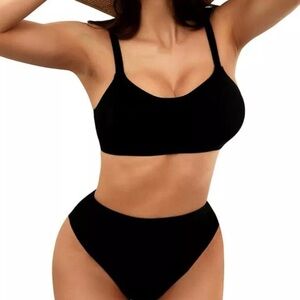 SUNNEEHOME Black Women's High Waisted Ribbed Bikini Two Piece Swimsuit Set Tummy
